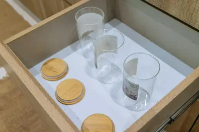 a drawer with four glass vases and wooden disks at V257 Spacious 5BR Villa Waterfall Pool Movie Room in Rawai Beach