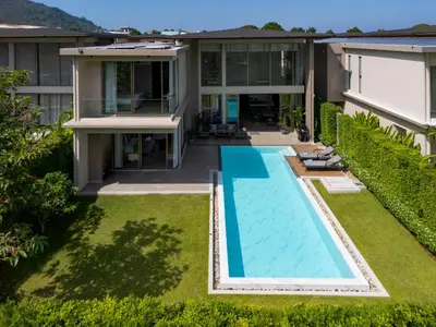 an aerial view of a house with a swimming pool at Grand View Lagoon - private paradise in Phuket in Ban Thalat Choeng Thale