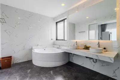 a white bathroom with two sinks and a tub at 4BR Big Pool 2 Villas Same Land Near Nai Harn V258 in Rawai Beach