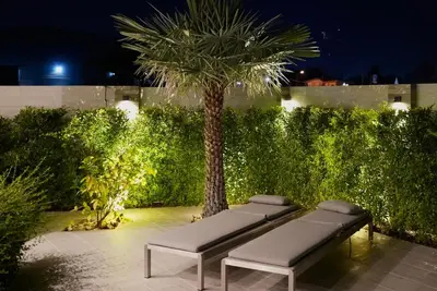 a bench sitting next to a palm tree at night at Villa Sofia in Ban Phak Chit