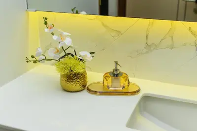 a bathroom counter with a sink and a gold sink at Villa Mimosa 4 - Luxury 4BR Private Pool - Rawai in Kata Beach