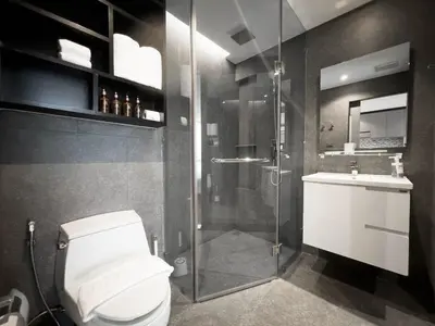 a bathroom with a shower and a toilet and a sink at Citygate Apartament in Kamala Beach