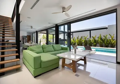 a living room with a green couch and a table at Sleek Designed Sunset Garden Villa 05 - 4 BR with Salt Private Pool 12M in Ban Saiyuan (1)