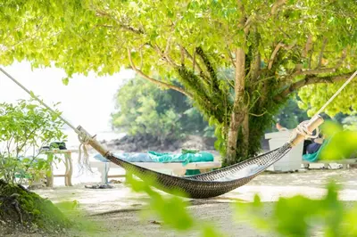 a person lying in a hammock in front of a tree at Paradise Koh Yao - Seaview Pool Villa in Ko Yao Noi