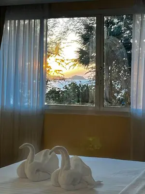 two swans sitting on a bed in front of a window at SSS Room Patong in Patong Beach