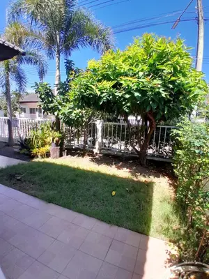 a fence with a tree in a yard at Baan Saun PK in Ban Bang La