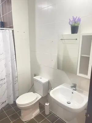 a white bathroom with a toilet and a sink at Nai-harn Apartments in Phuket Town