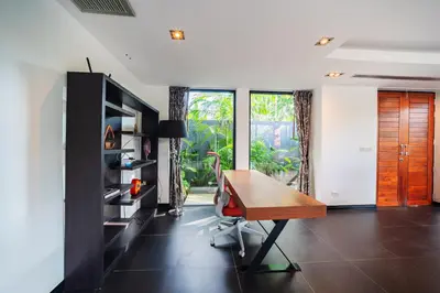 a home office with a desk and a chair at BangTao 3 Bedrooms Bali Tropical Pool Villa Quiet Private Space Guest Preferred in Bang Tao Beach