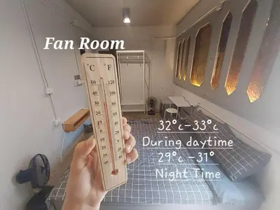 a person holding a thermometer in a room at Fan Room Near Bangkok hospital Across Night market in Ban Ket Ho