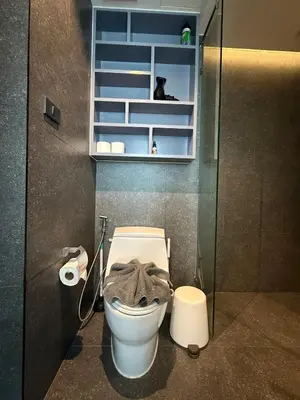 a bathroom with a toilet with a mask on it at Citygate condo at Kamala Beach in Kamala Beach