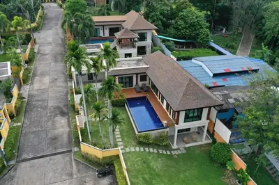 an aerial view of a house with a swimming pool at Ocean-View 3-Bed Villa Retreat - Ao Yon Hillside in Ban Ao Makham