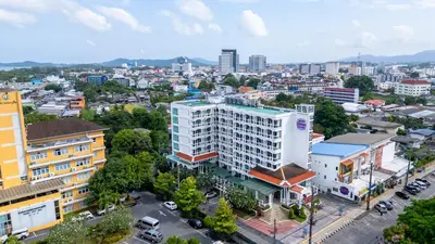 an overhead view of a city with buildings at Grand Supicha City Hotel in Phuket Town
