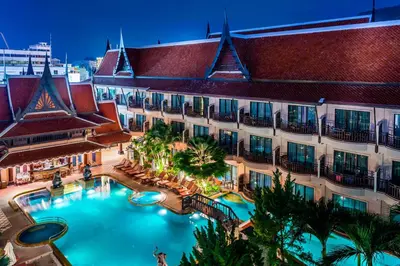 an overhead view of a hotel with a large swimming pool at Nipa Resort, Patong Beach in Patong Beach
