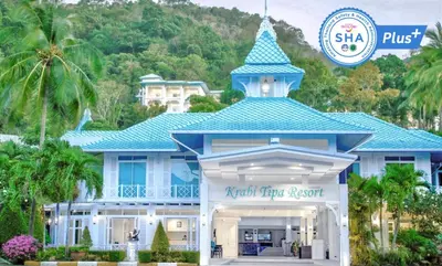 a large blue and white house with a blue roof at Krabi Tipa Resort in Ao Nang Beach