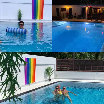 a collage of four pictures of people in a swimming pool at Phuket Gay Homestay in Kathu