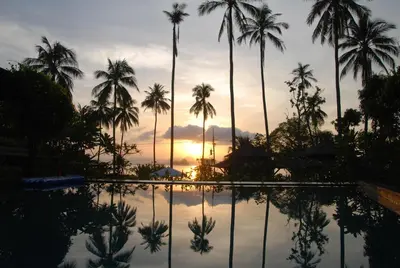 a pool with palm trees and the sunset in the background at Niramaya Villa & Wellness in Ko Yao Noi