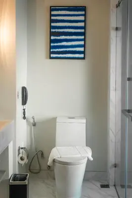 a white toilet in a bathroom with a flag on the wall at Hotel IKON Phuket - SHA Extra Plus in Karon Beach