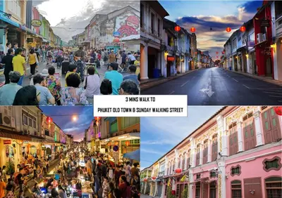 a collage of photos of a street with a crowd of people at The Neighbors Hostel in Phuket Town