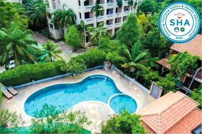 an overhead view of a swimming pool at a hotel at Park 38 Hotel - SHA Plus in Phuket Town