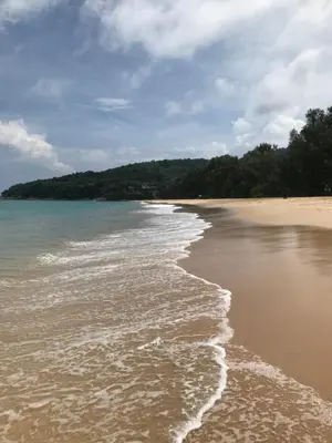 an empty beach with trees in the background at The Nai Thon Condominium Unit in Nai Thon Beach