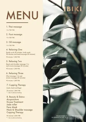 a menu for a restaurant with a plant at Two Villas HOLIDAY - ONYX Style Naiharn Beach, Phuket in Nai Harn Beach