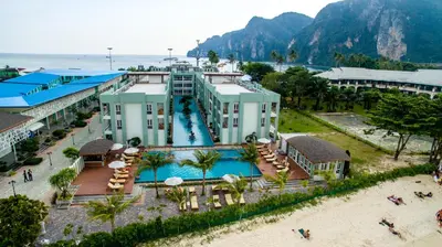 an aerial view of a resort with a swimming pool at Phi Phi Harbour View Hotel in Phi Phi Don