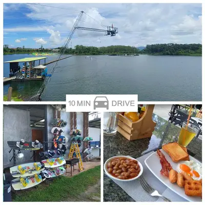 a collage of pictures of food and a lake at The Aristo Beach by Holy Cow, studio, without kitchen, construction view in Surin Beach