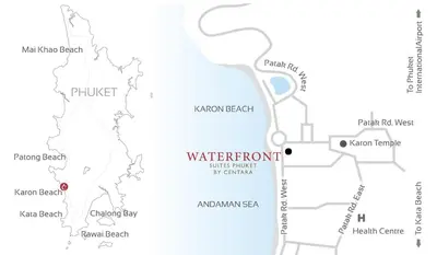 a map of the waterfront park and the location of the waterfront park at Waterfront Suites Phuket by Centara in Karon Beach