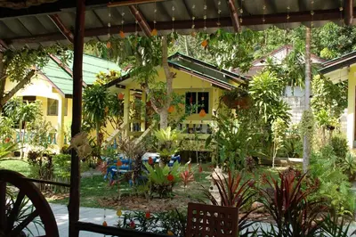 a garden in front of a yellow house with plants at Anawin Bungalows in Ao Nang Beach