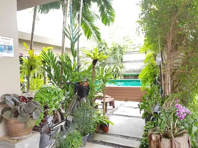 a bike parked next to a bunch of plants at Benjamas Place Hotel in Rawai Beach