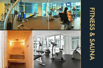 two pictures of a gym with a woman in a gym at 3 BR Stylish Condo with Private Rooftop Pool in Kamala Beach