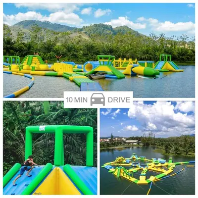 a collage of four pictures of a water park at Oceanstone by Holy Cow, 2-BR, 75 m2, garden view in Bang Tao Beach