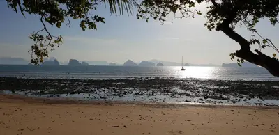 a sail boat in the water with a beach at JJ Queen Villa and Spa Kohyaonoi in Ko Yao Noi