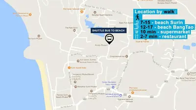 a map of the location of the resort with a marker at The Aristo by Holy Cow, 2-BR, 60 m2, pool view in Surin Beach