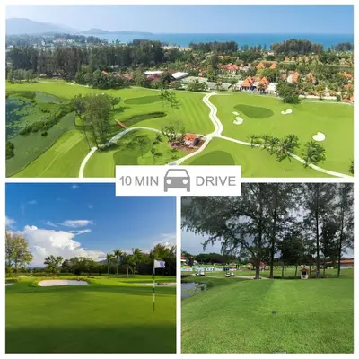 a collage of four pictures of a golf course at The Aristo by Holy Cow, 2-BR, mountain view in Bang Tao Beach