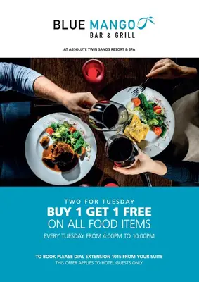 a flyer for a blue mango bar and grill with two plates of food at Absolute Twin Sands Resort & Spa - SHA Extra Plus in Patong Beach