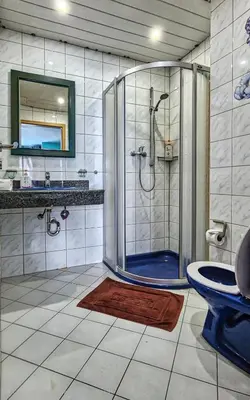 a bathroom with a shower and a toilet and a sink at Pension Zum Ross in Karon Beach