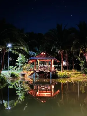 a pavilion in the middle of a pond at night at Bang Mee Homestay Koh Yao Noi in Ko Yao Noi