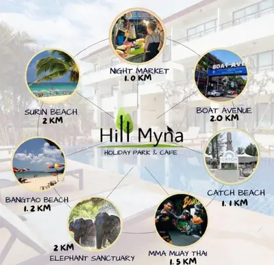 a collage of photos of different places in the world at Hill Myna Holiday Park & Cafe in Bang Tao Beach
