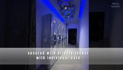 a room with a purple lobby with an individualart at PERA SPACE Capsule Hotel in Phuket Town