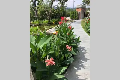a garden with pink flowers and a walkway at Title Residence Naiyang Beach Phuket in Nai Yang Beach