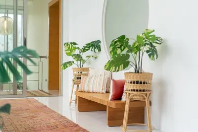 a living room with a couch and two plants at Villa Casa Koko - Luxury Modern Minimalism in Thalang