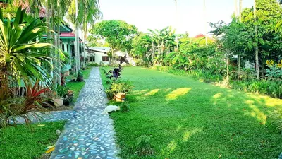a garden with two dogs walking down a stone path at Swiss Chalet Garden, Pool Resort in Krabi town