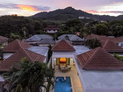an aerial view of a house with a swimming pool at Oriental 3br private Pool Villa in Rawai Beach